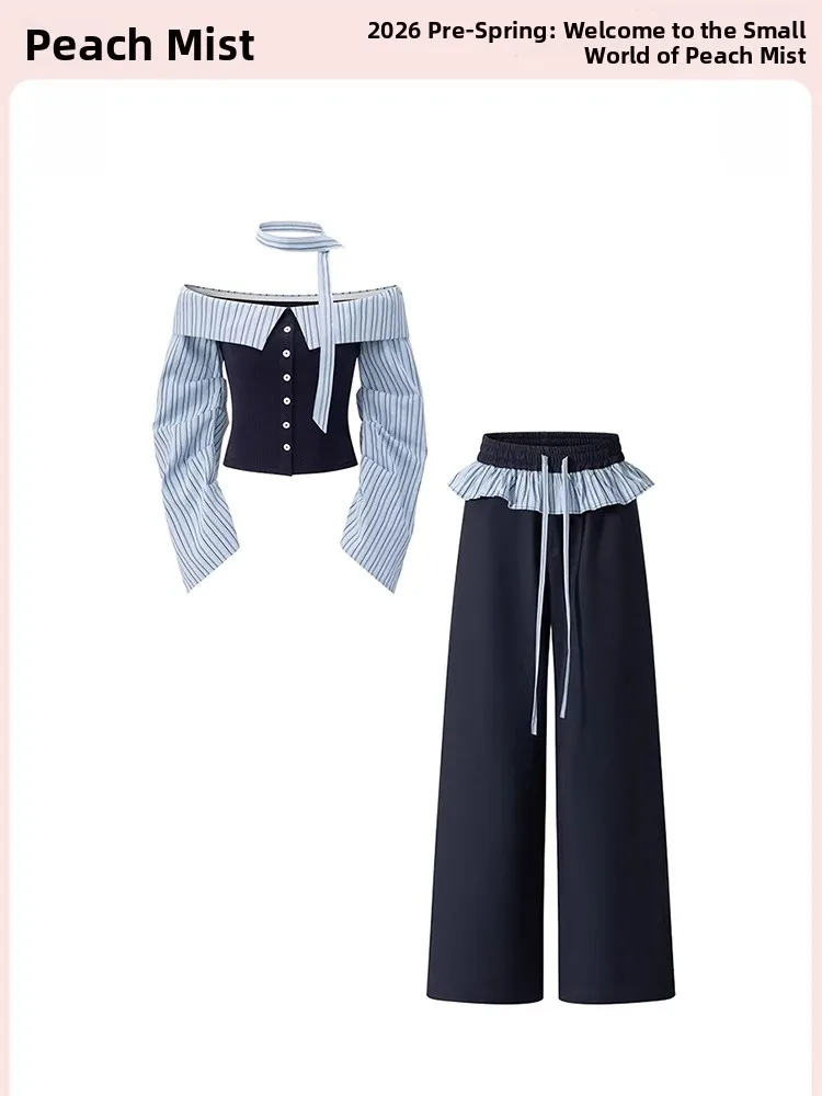 

Spring 2026 New College Style Striped Long Sleeve One Shoulder Tube Top Women's Loose Wide Leg Pants Two Piece Set