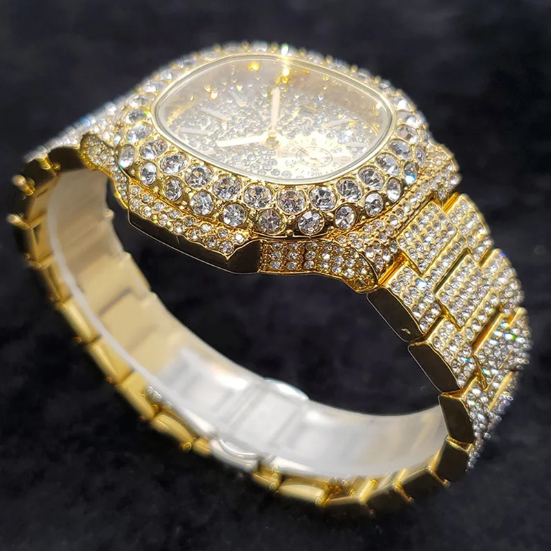 18K Gold Luxury Diamond Watches for Men Bling Shiny Hip Hop Zircon Wristwatch Fashion Iced Out Quartz Date Clock Dropshipping