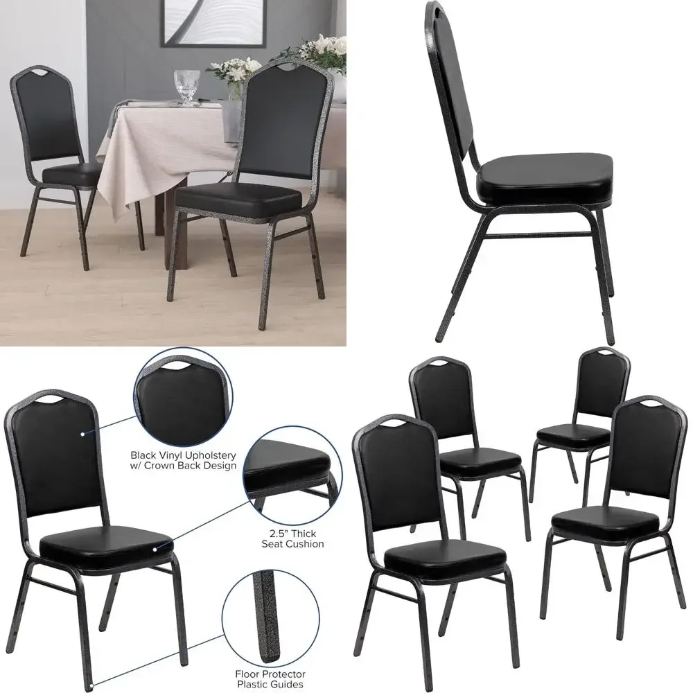 كراسي مأدبة قابلة للتكديس من الفينيل الأسود مع إطارات الوريد الفضية (4 عبوات)
