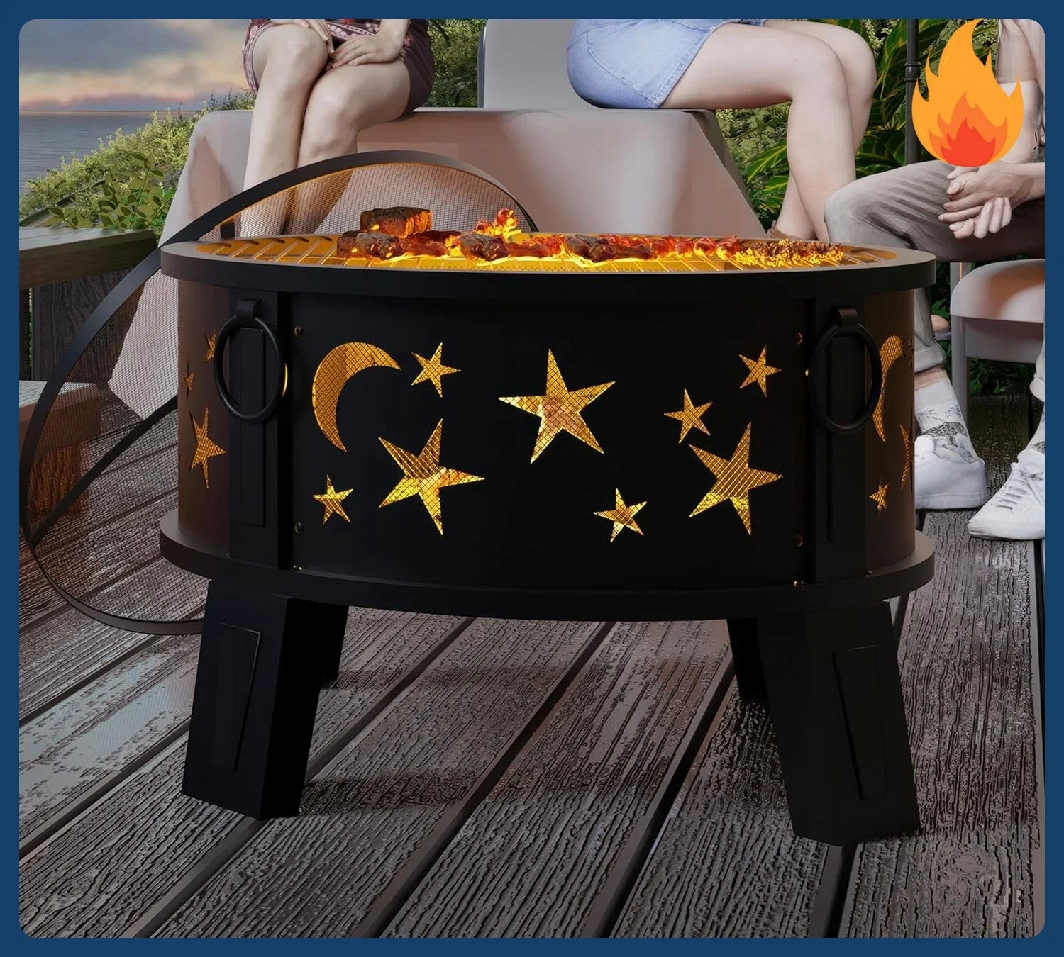 

[Discounted Price!]26" Outdoor Fire Pit with Grill & Mesh Cover, Wood Burning Steel Firepit with Poker & Star Spark Screen, Heav