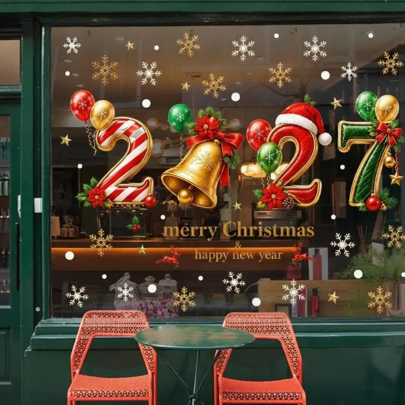 2027 New Year Christmas Static Cling Window Stickers Gingerbread Number Decals Snowman Snowflake PVC Cling Glass Decoration