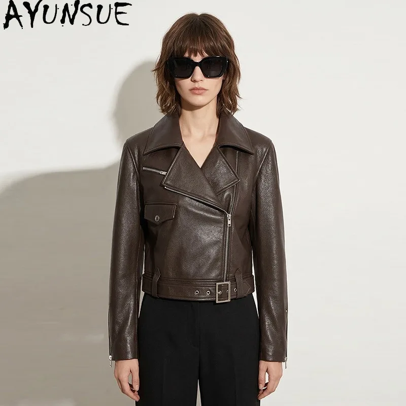 AYUNSUE Women's Goatskin Jackets Fashion Short Commuting Outerwears Motorcycle Style Real Leather Jacket Woman Clothes Jaqueta