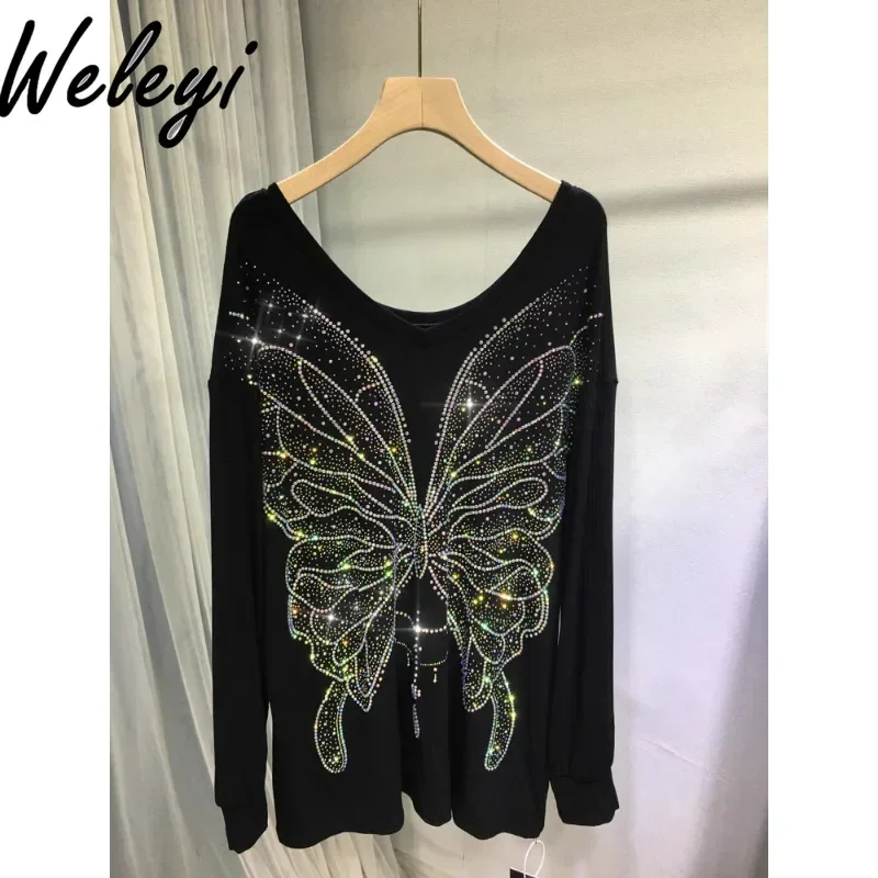 Luxury Hot Drilling Butterfly Sweatshirt Winter Clothes Female Autumn Loose Women's V-Neck Black Mid-length Pullover Hoodie Top