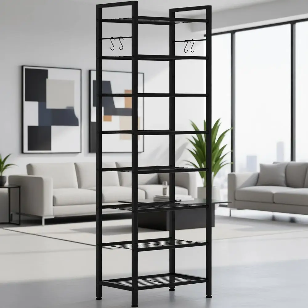 

8-ярусная узкая металлическая полка для обуви, вместимость 16-24 пары, с 4 крючками, компактный органайзер для хранения в прихожей, черный