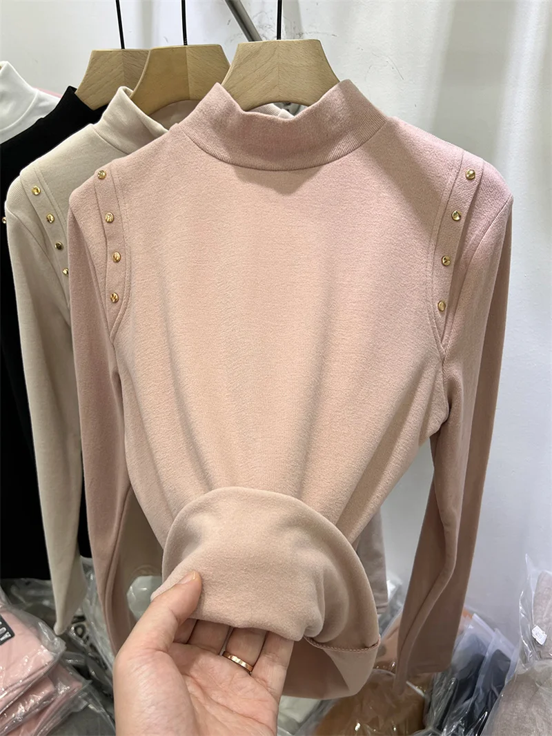 Women's Long Sleeve Double-sided Flocking Velvet T-shirt High Collar Thickened Inner Wear Top Winter Commute Style Cotton Blend
