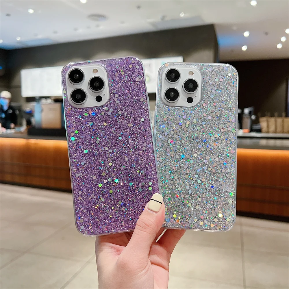 Bling Glitter Phone Case For iPhone 15 14 Plus 13 12 11 Pro Max Mini 6 6S 7 8 Plus X XR XS Max Shiny Sequins Soft Silicone Cover