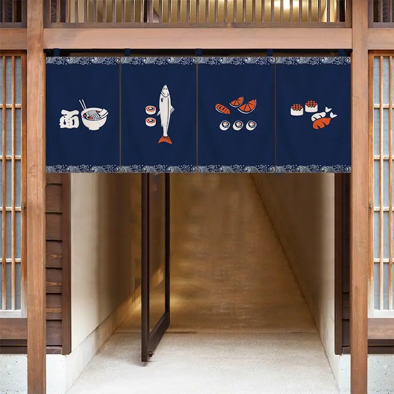 VIKAMA Sashimi Sushi Menu Short Curtain, Japanese Izakaya Wave Border Print Hanging Noren Banner for Restaurant Doorway