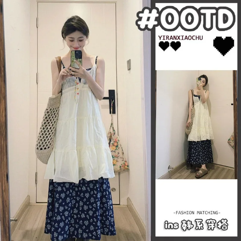 

Корейские модные комплекты из двух предметов с юбкой-бретелькой с цветочным принтом, женские комплекты 2023 года, новые летние универсальные женские юбки с нежным ветром