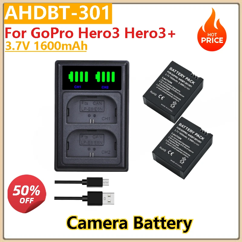 AHDBT-301 Camera Battery 3.7V 1600mAh For GoPro Hero3 Hero3+ with LCD dual charger High Quality