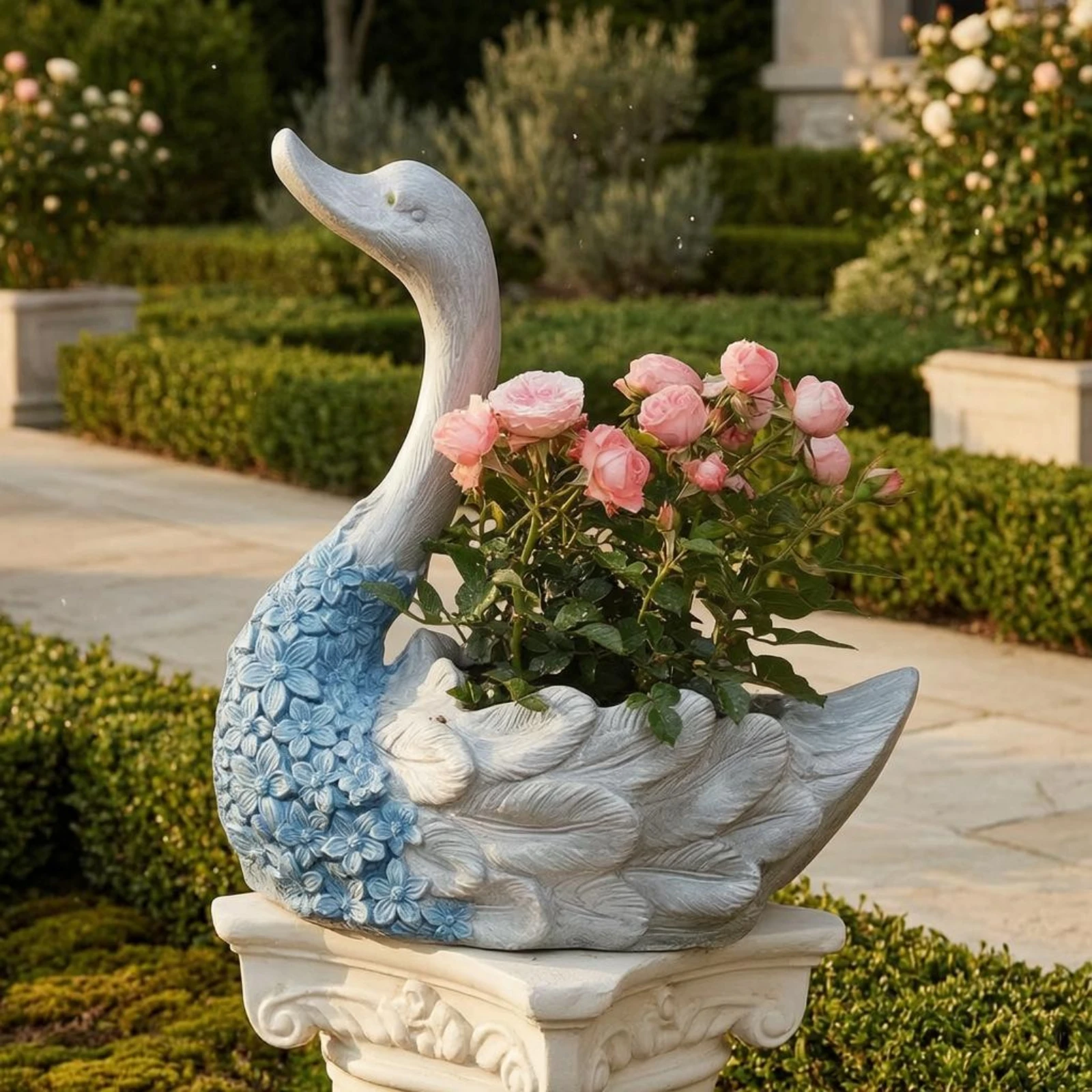Swan-Shaped Planter Sculpted Feather Texture Swan Planter Outdoor Decoration Exposed Cavity Decor Piece Sculptural Design
