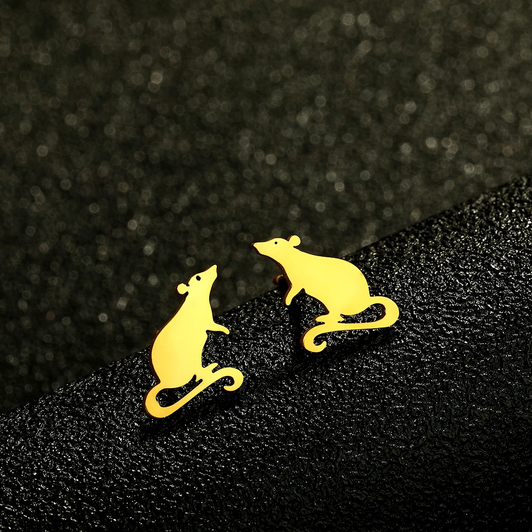 QIAMNI Naughty Rat Stud Earrings Female Men Trendy Stainless Steel Mouse Earring Cute Cartoon Rodent Animal Jewelry Kids Gift