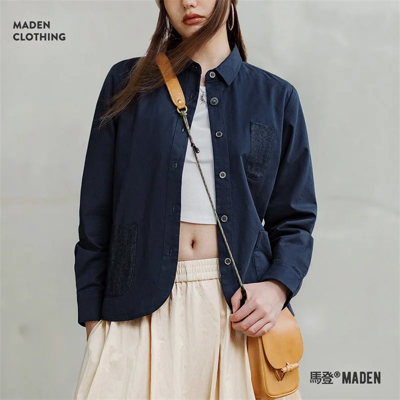 Maden Denim Pocket Patchwork Shirt for Women Long-sleeved Casual Jacket Navy Blue Cotton Shirt Fall Blouses Streetwear Tops