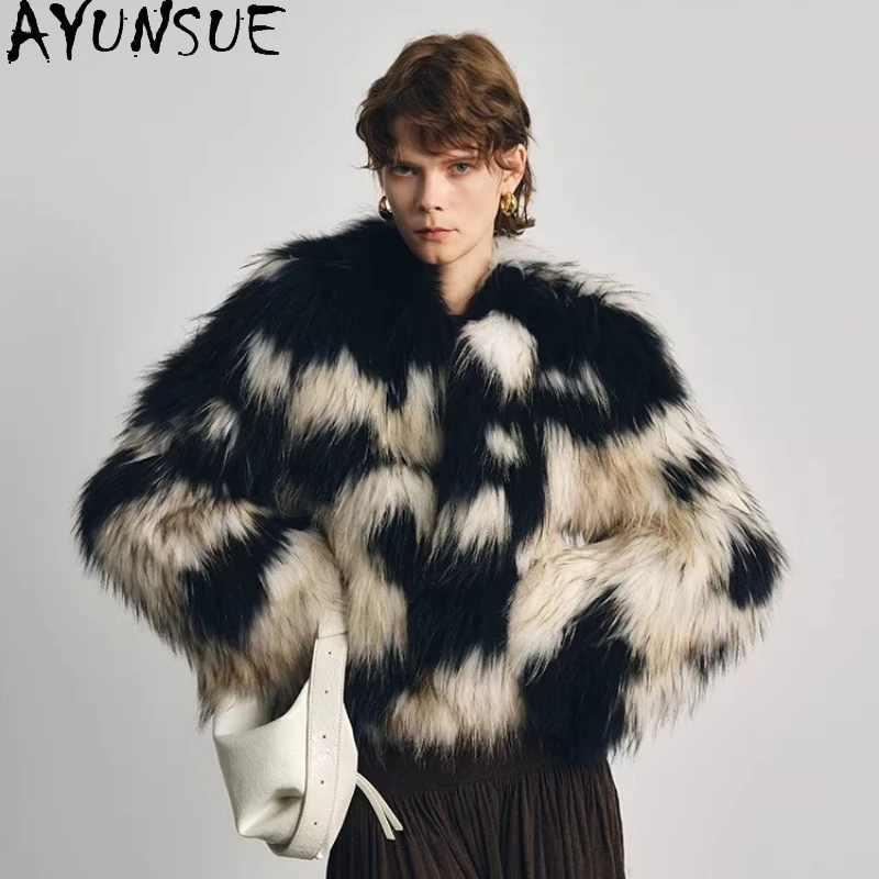 Abrigos de Piel de Mapache AYUNSUE para Mujer, Chaqueta Corta con Cuello de Piel de Zorro, Abrigo de Piel Elegante y de Lujo, Ropa de Mujer para Invierno