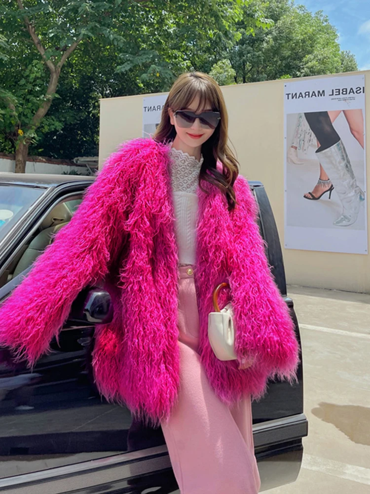 ZADORIN Winter Oversized Long Faux Sheep Fur Coat Women V Neck Fluffy Pink Faux Fur Jacket Office Streetwear Fur Coats 2024 Tops