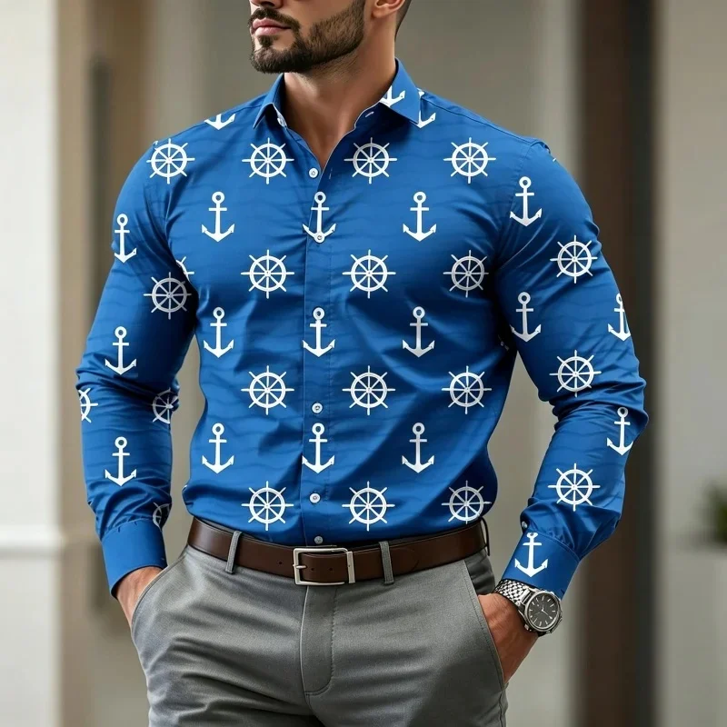 Men's Nautical Anchor & Wheel Print Long Sleeve Shirt Fashion Slim Fit Button Down Casual Blouse Tops