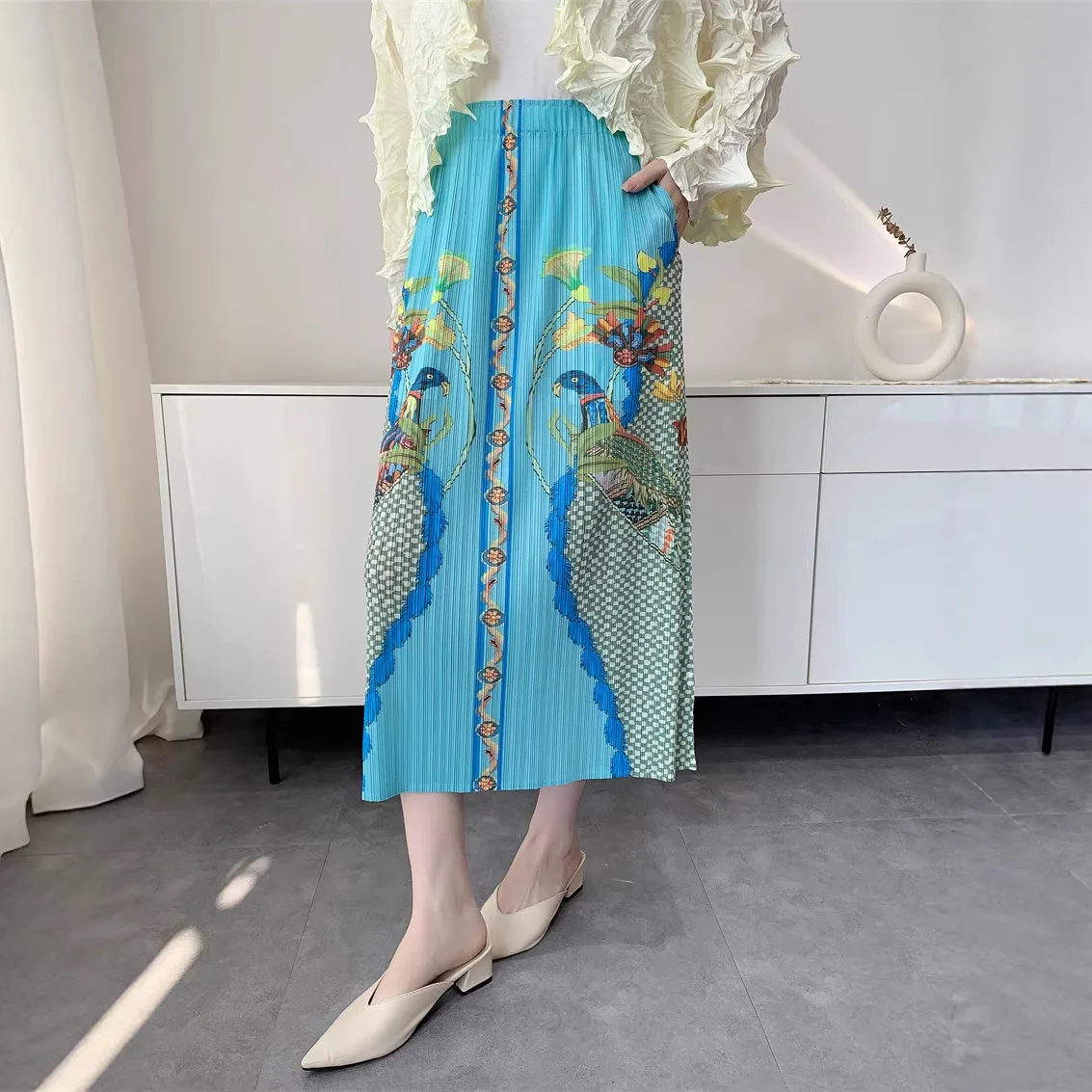 

Miyake Pleated Skirt Women's 2026 Summer New Digital Print Skirt Retro High Waist Mid-length A-line Skirt