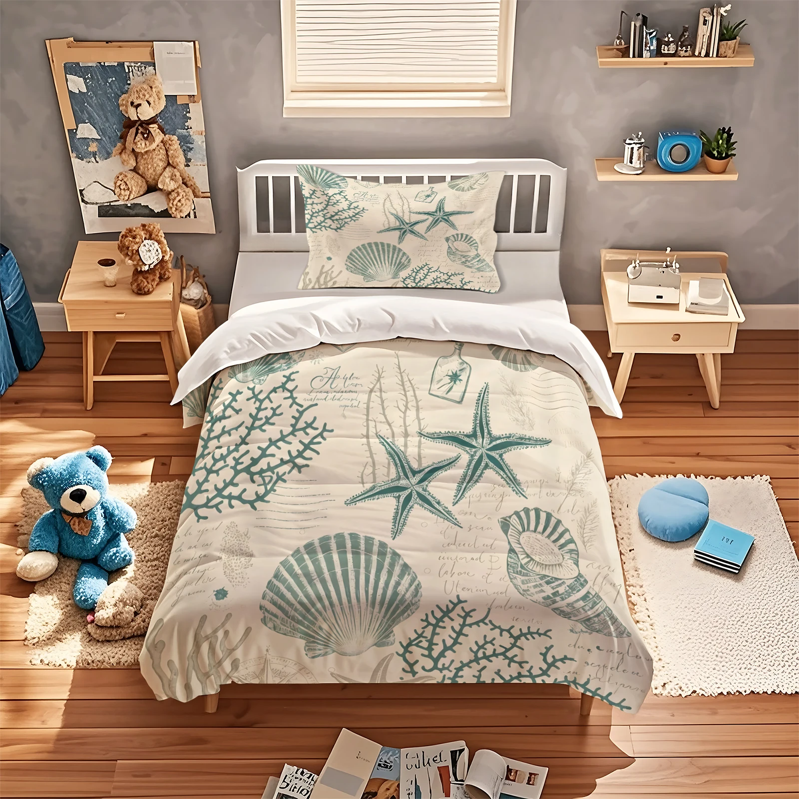Vintage Nautical Ocean Duvet Cover Set Starfish Shell Coral Coastal Bedding Set Soft Polyester Quilt Cover With Pillowcase Decor