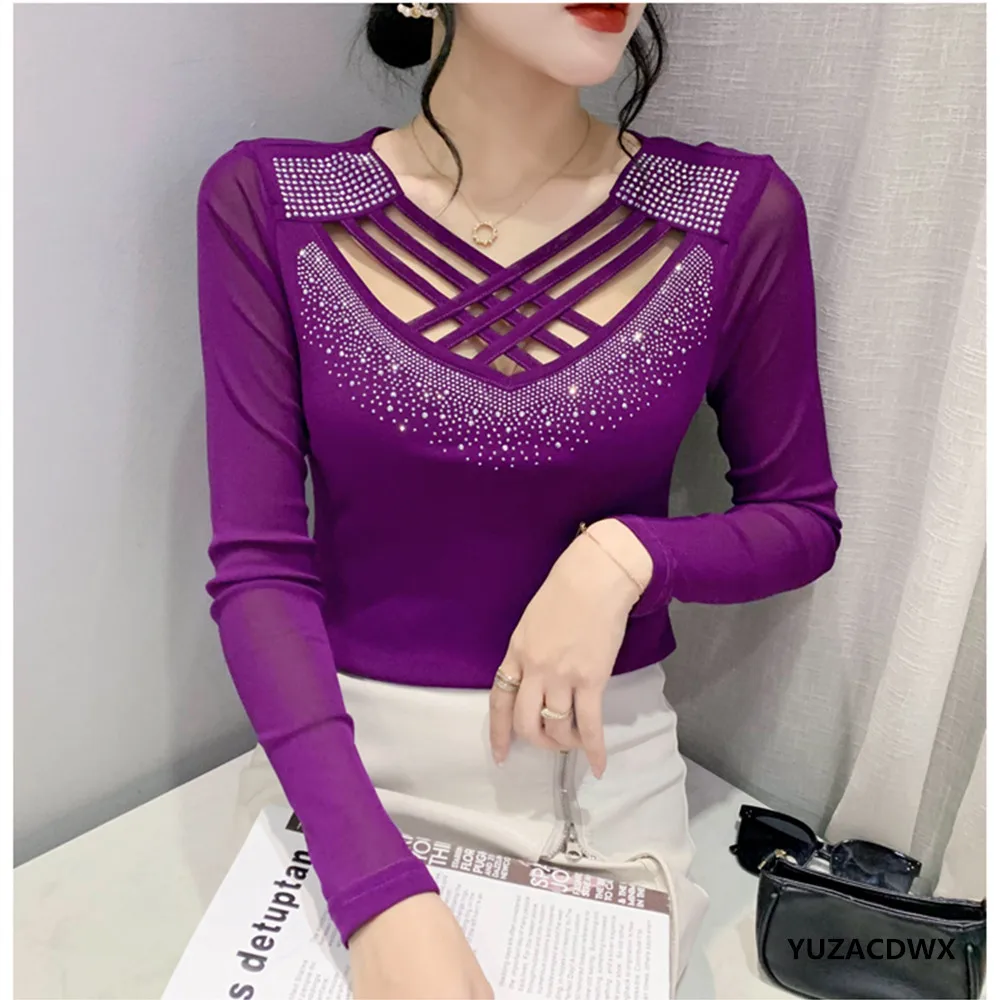 2025 nouveau T-Shirt femme Chic croix évider diamants chauds à manches longues maille hauts mode femme tout Match t-shirts automne