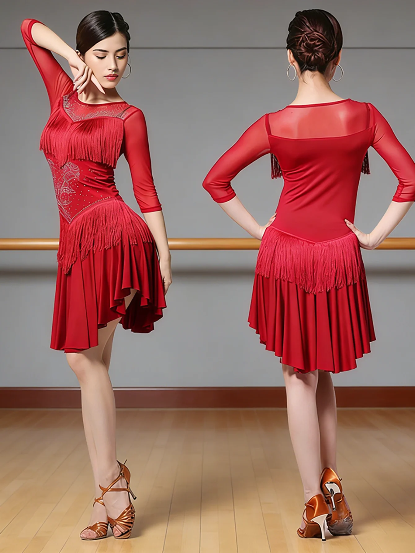 

Women's Fringed Ballroom Costume Lace Round Neck 1/2 Sleeve Tango Salsa Latin Dance Dress