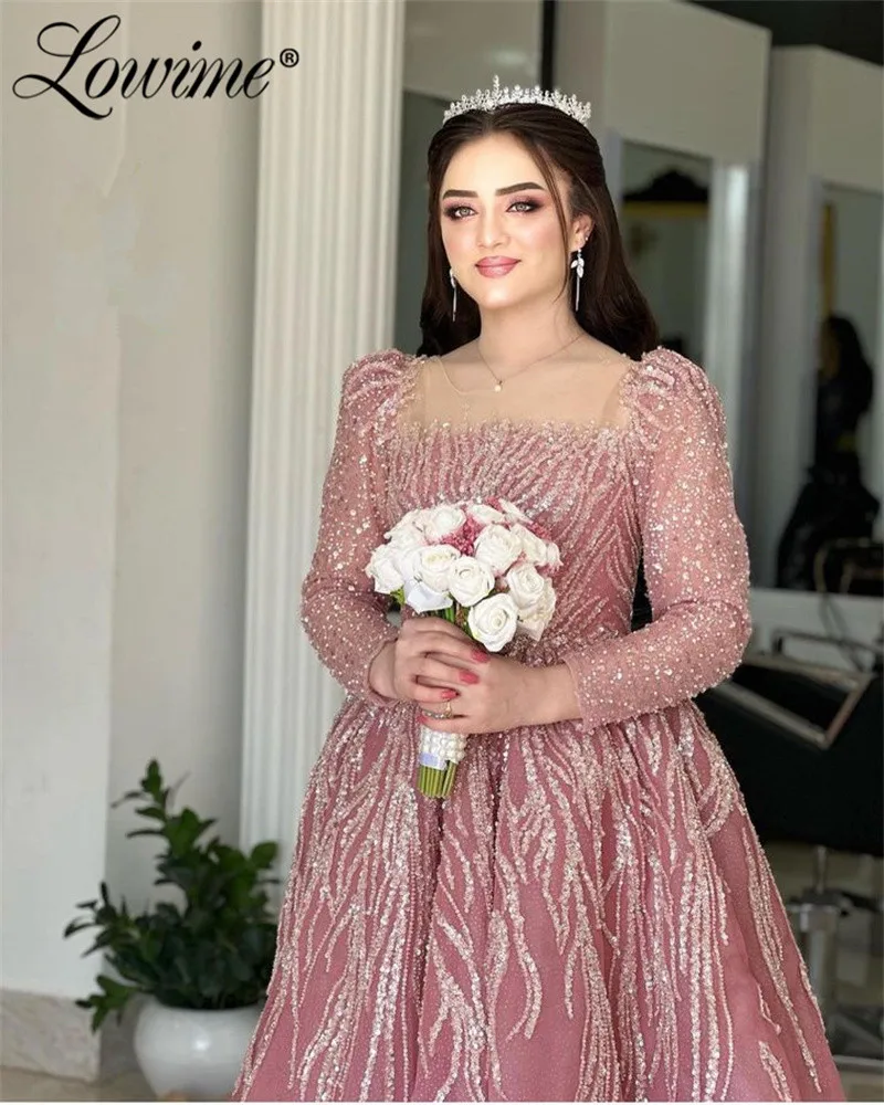 Abendkleider Turkish Evening Gown Formal Pink Long Sleeves Muslim Wedding Dress Plus Size Arabic Dubai Sequined Beads Prom Dress