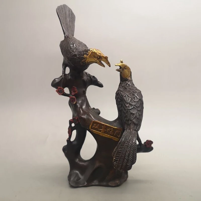Antique Collectible Bronze Ornament: Gilt Purple Copper Double Happiness Figurine for Home Living Room Decoration, Brass Magpie