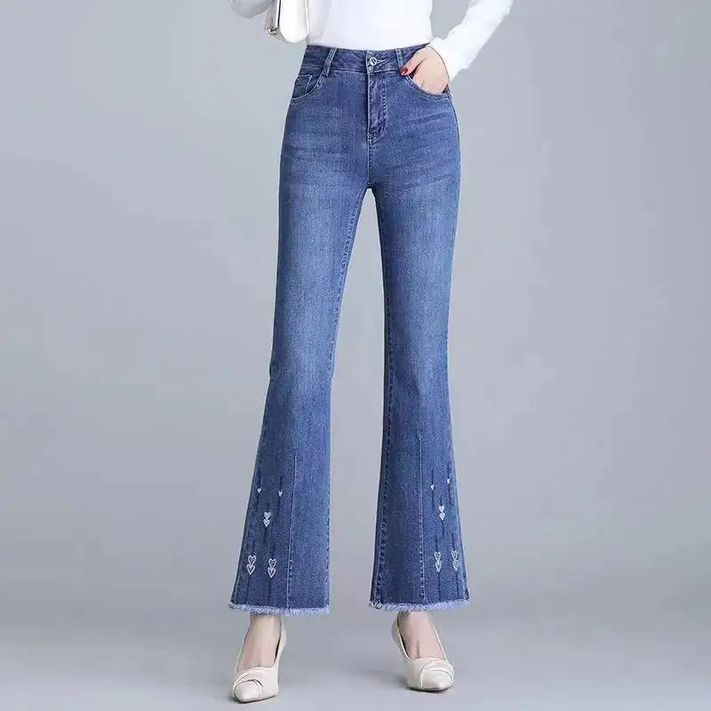 Jeans Bell Bot a vita alta da donna ricamati slim fit casual Sle Denim colore blu primavera autunno stagione Faion Trend
