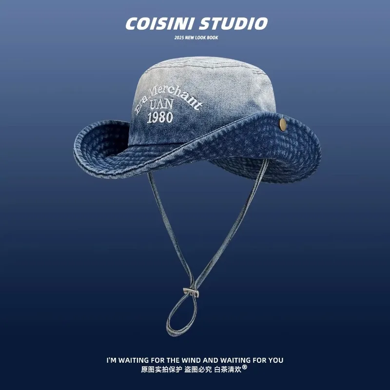 New Fashion Gradual Change Drawstring Bucket Hats for Women Summer Outdoor Camping Sun Protection Versatile Denim Men's Hats