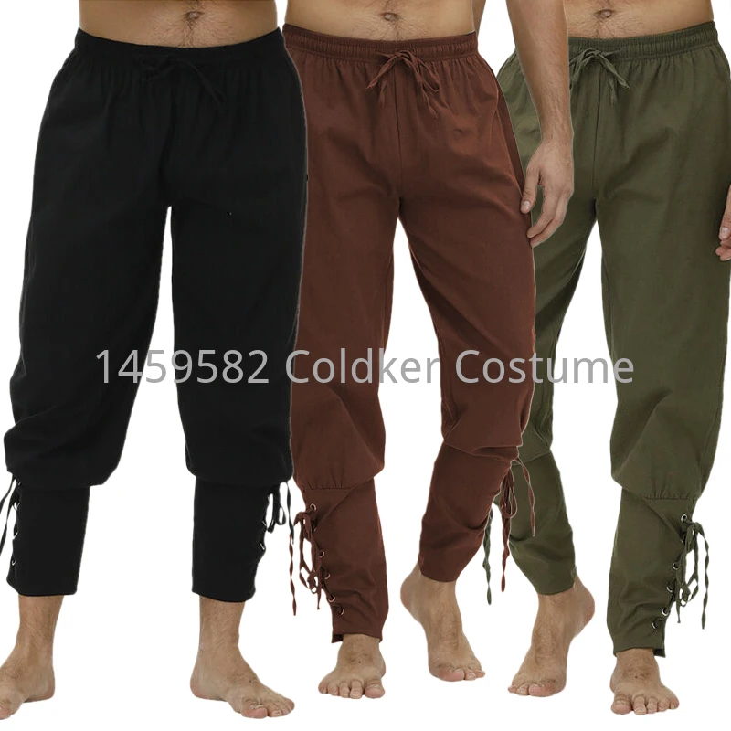 

Medieval Renaissance Larp Pirate Horseman Costume Men's Viking Pants Ankle Banded Lace-up Trouser Linen Outfit For Men Plus Size