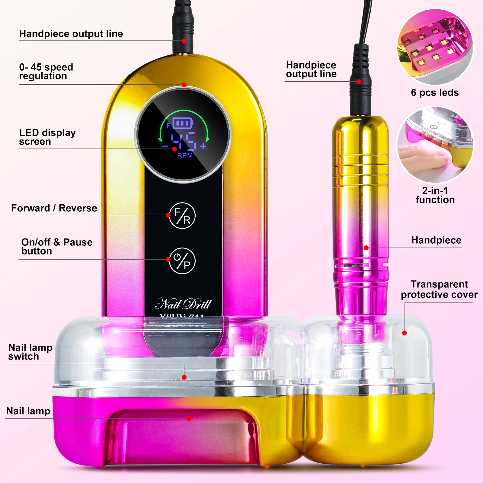 Taladro de uñas recargable de 45000RPM, Kit de lima de uñas eléctrica profesional, lima lijadora de uñas de poco ruido para herramienta de salón de manicura