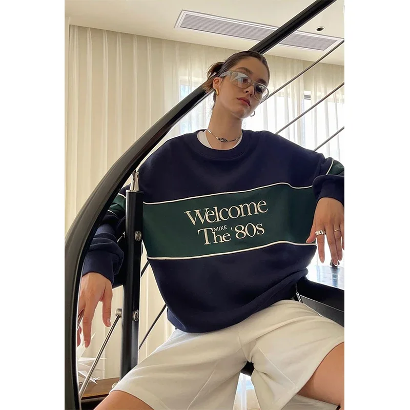 Streetwear Patchwork Sweatshirt Women Y2K Oversized Letter Print Pullovers Vintage Korean Loose Casual All Match Hoodies Tops