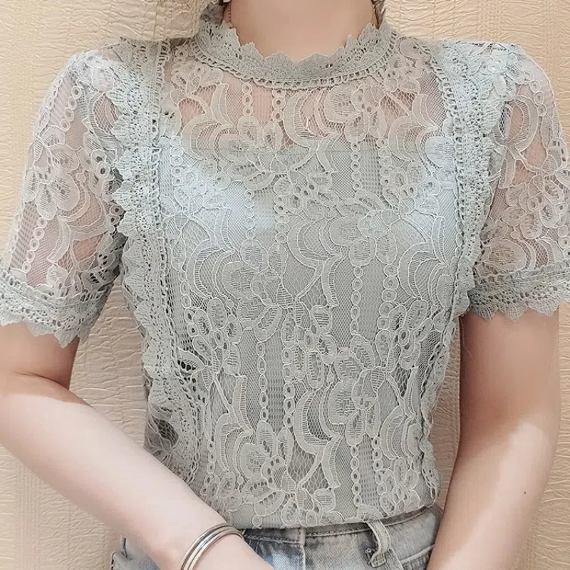 Korean Fashion Summer Women\'s Solid Stand Collar Lace Patchwork Hollow Out Simplicity Versatile Loose Short Sleeve T-Shirt Tops