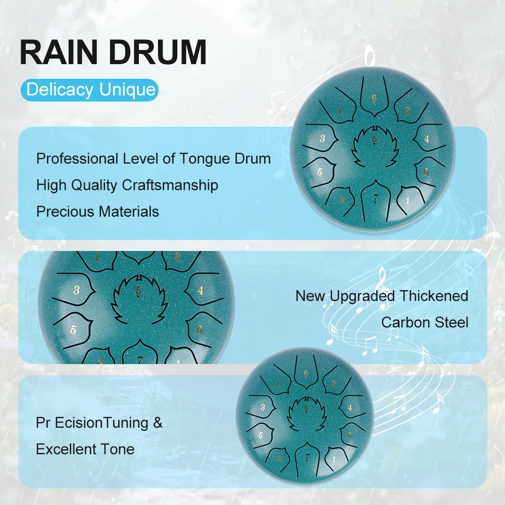 8 Inch 11-Note Steel Tongue Drum  Rain Drum Sound Healing Instrument Kit Yoga/Medical/Outdoor/Anxiety Relief Tool