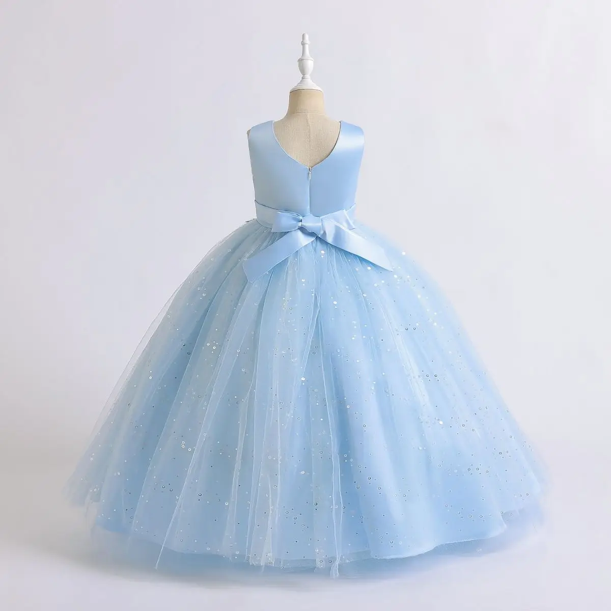 14Y Girls V-Neck Sleeveless Embroidered Bead String Flower Waist Bow Belt Sequin Lace Solid Skirt Costumes Full Dress