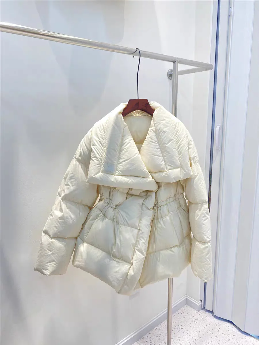

Big Collar Drawstring Waist Down Coat for Women Winter New White Duck Down Thick Temperament Warm and Slim Fit Jacket