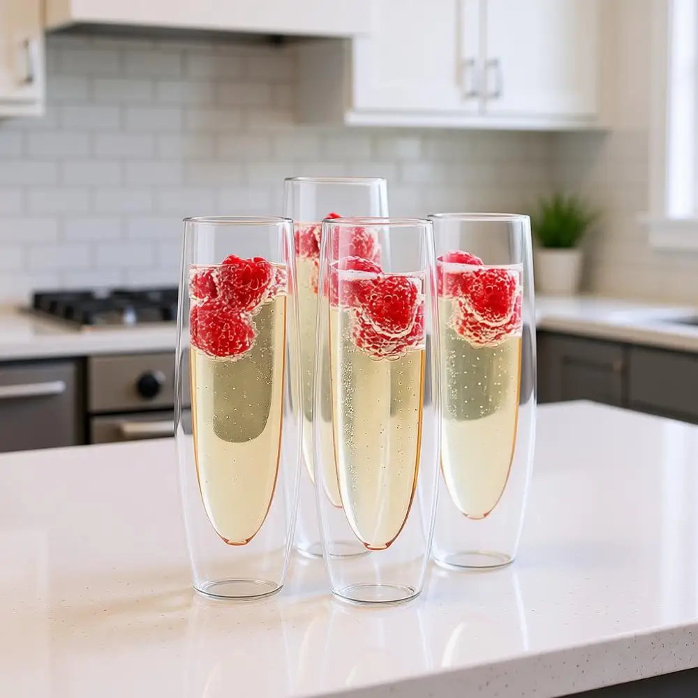

Набор из 4 бокалов для шампанского с двойными стенками для мимозы, прескко и коктейлей — легкие бокалы на ножке для торжеств