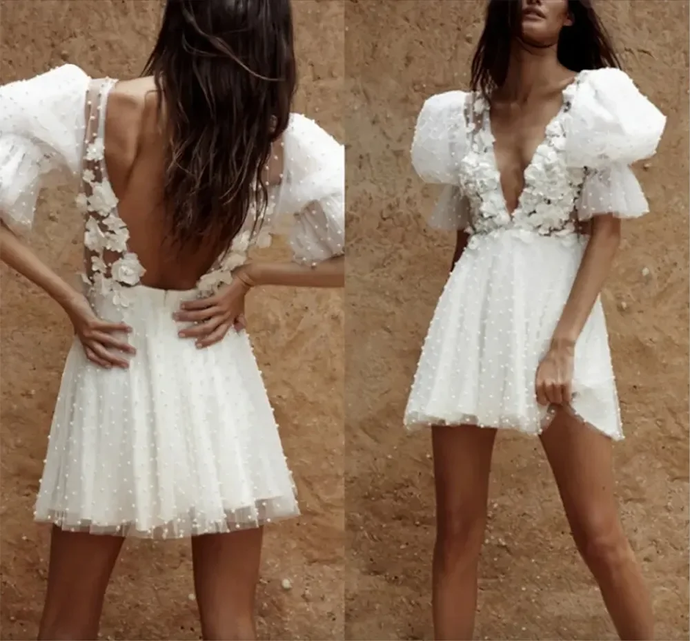 

2024 Luxury Fashion Short applique Wedding dress Sexy deep V-neck backless pearl tulle custom bridal dress Vestido de Novia