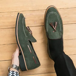 Dress Shoes Men British Suede Stitches Round Toe Tassel Slip on Classic Fashion Business Loafers Wedding Shoes Zapatos Hombre