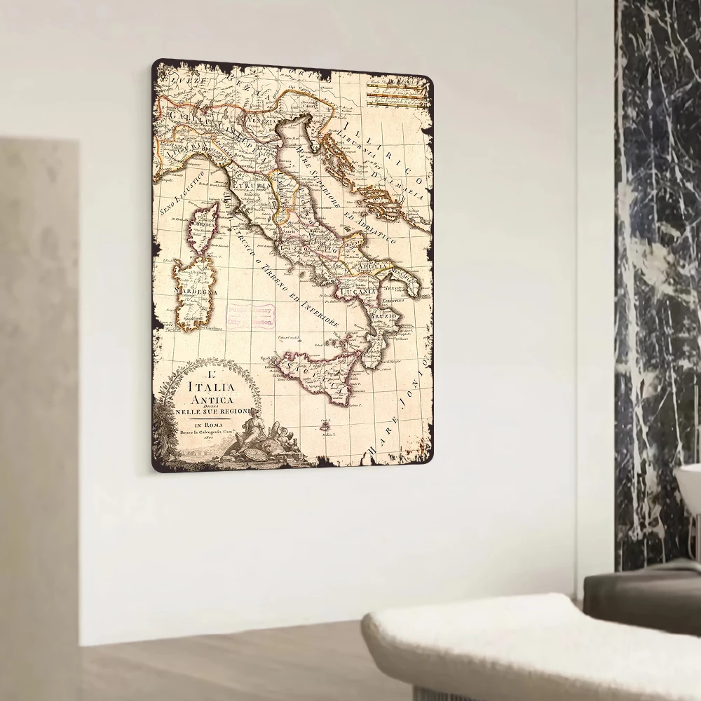 Vintage Italy Map Metal Wall Art 1809 Antique Reproduction Home Decor for Living Room Study Room Wall Decoration
