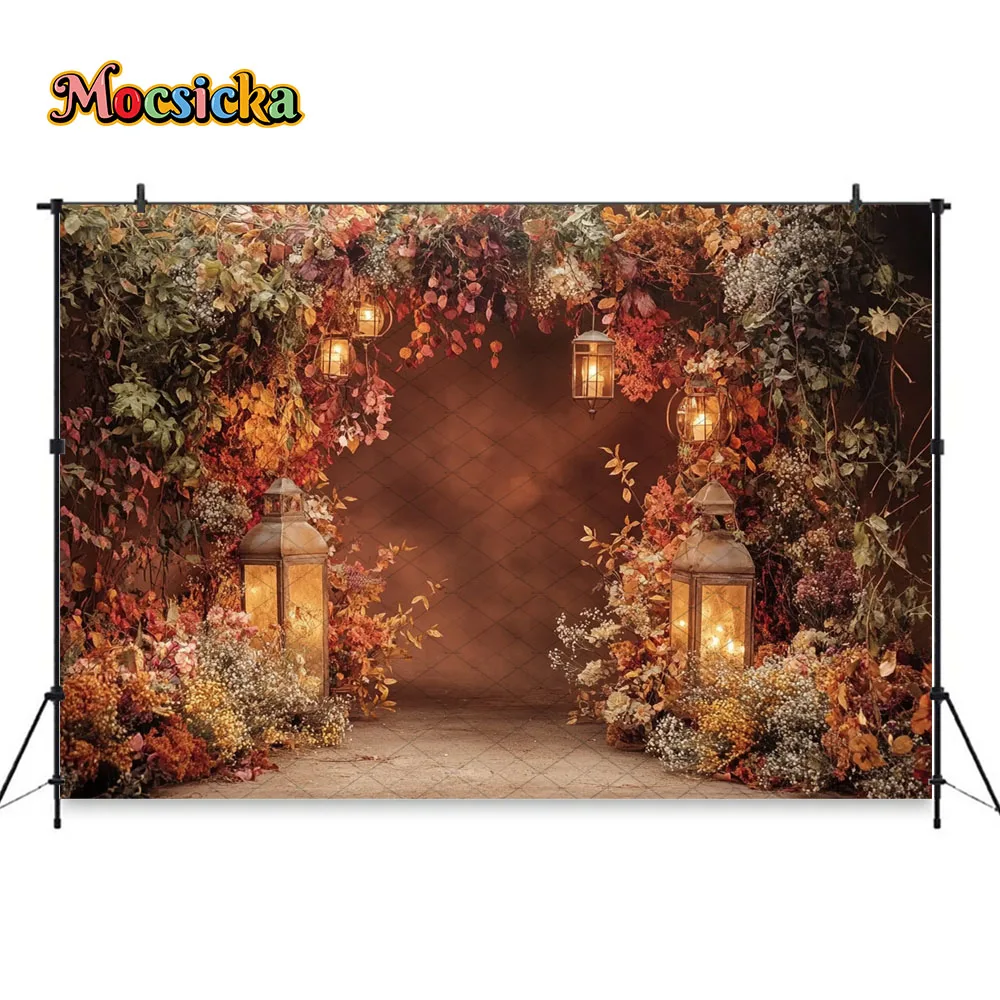 Mocsicka الملونة الأزهار الكرمة خلفية التصوير قوس فانوس الدافئة مضاءة رومانسية خلفية زوجين الزفاف صورة استوديو الدعامة #6