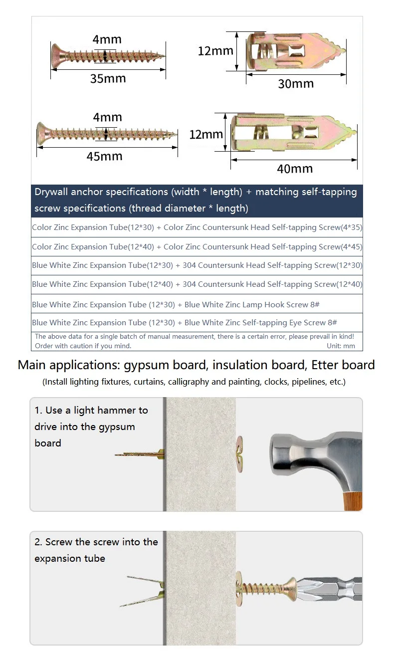 M12x30/40mm Self Tapping Screws Self Drilling Anchors Screws Drywall Anchors Expansion Nails Use For Gypsum Plasterboard Dowel