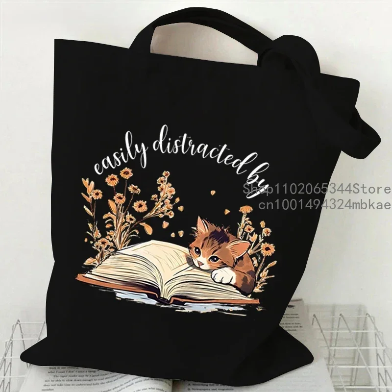 Canvas Tote Bags Cartoon Cat and Books Women\'s Shoulder Bag Wild Flower Book Club Shopping Bag Animal Kitten Bookworm Handbag