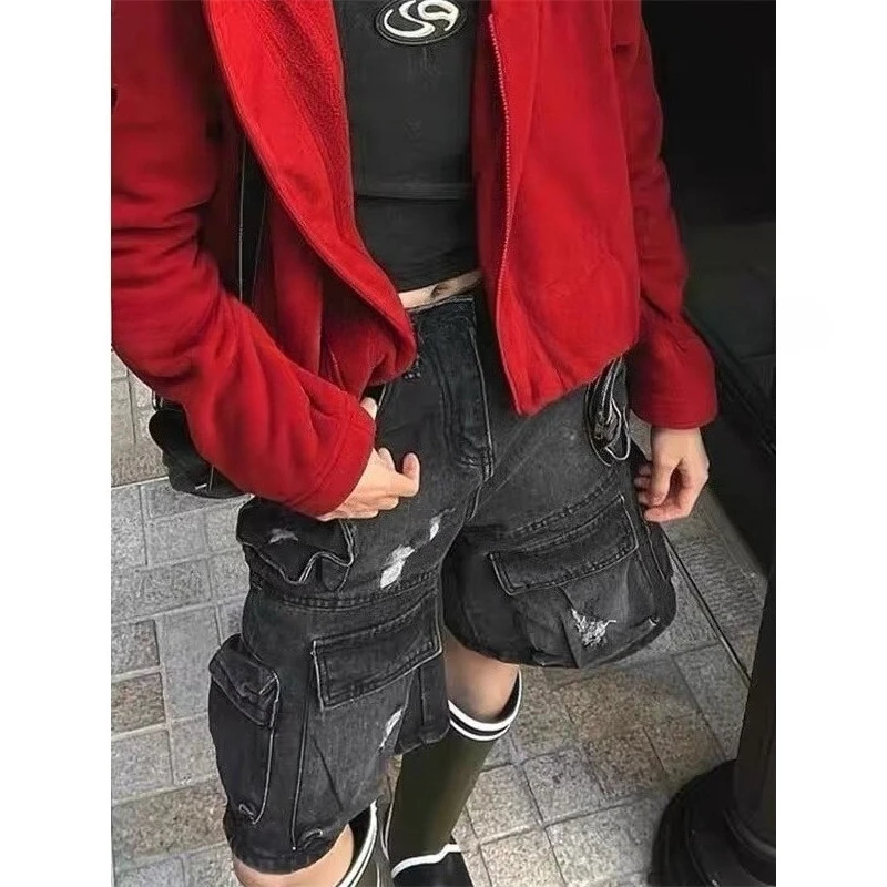 

Women Denim Cargo Shorts Multi-Pocket A-line Distressed Ripped Jeans Shorts Y2K Streetwear Hip Hop Harajuku Vintage Retro Washed