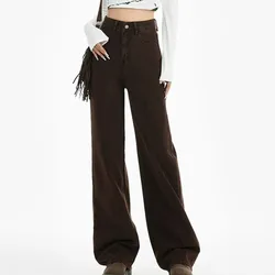 Women's Spring Autumn High Waisted Button Zipper Pockets Solid Casual Loose Straight Leg Jeans Wide Leg Workwear Vintage Pants