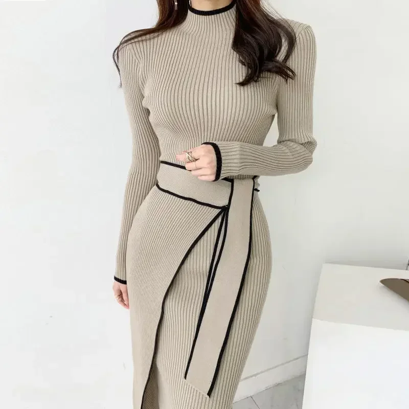 Midi Knee Length Female Knit Dress Cover Up Autumn and Winter Women\'s Crochet Dresses Bodycon Cheap Casual Elegant Chic Vintage