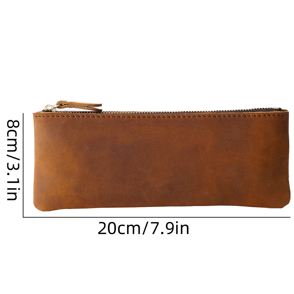 Vintage Genuine Leather Zippered Pencil Case Cowhide Stationery Organizer Pen Holder Writing Utensil Pouch Travel Accessory Bag