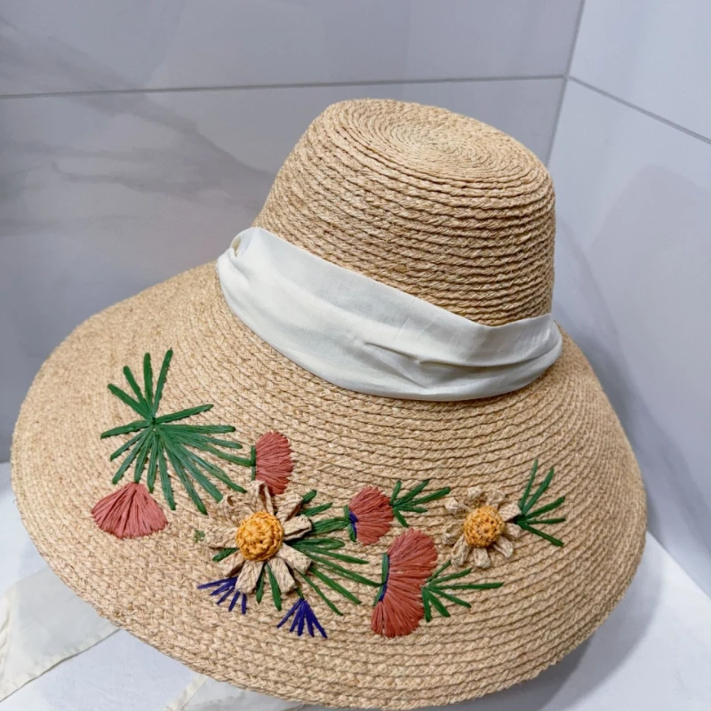 Designer Customized Oversized Handmade Embroidered Flower Hat Raffia Grass Women Fisherman Fashion Luxury Bucket Beach Hat