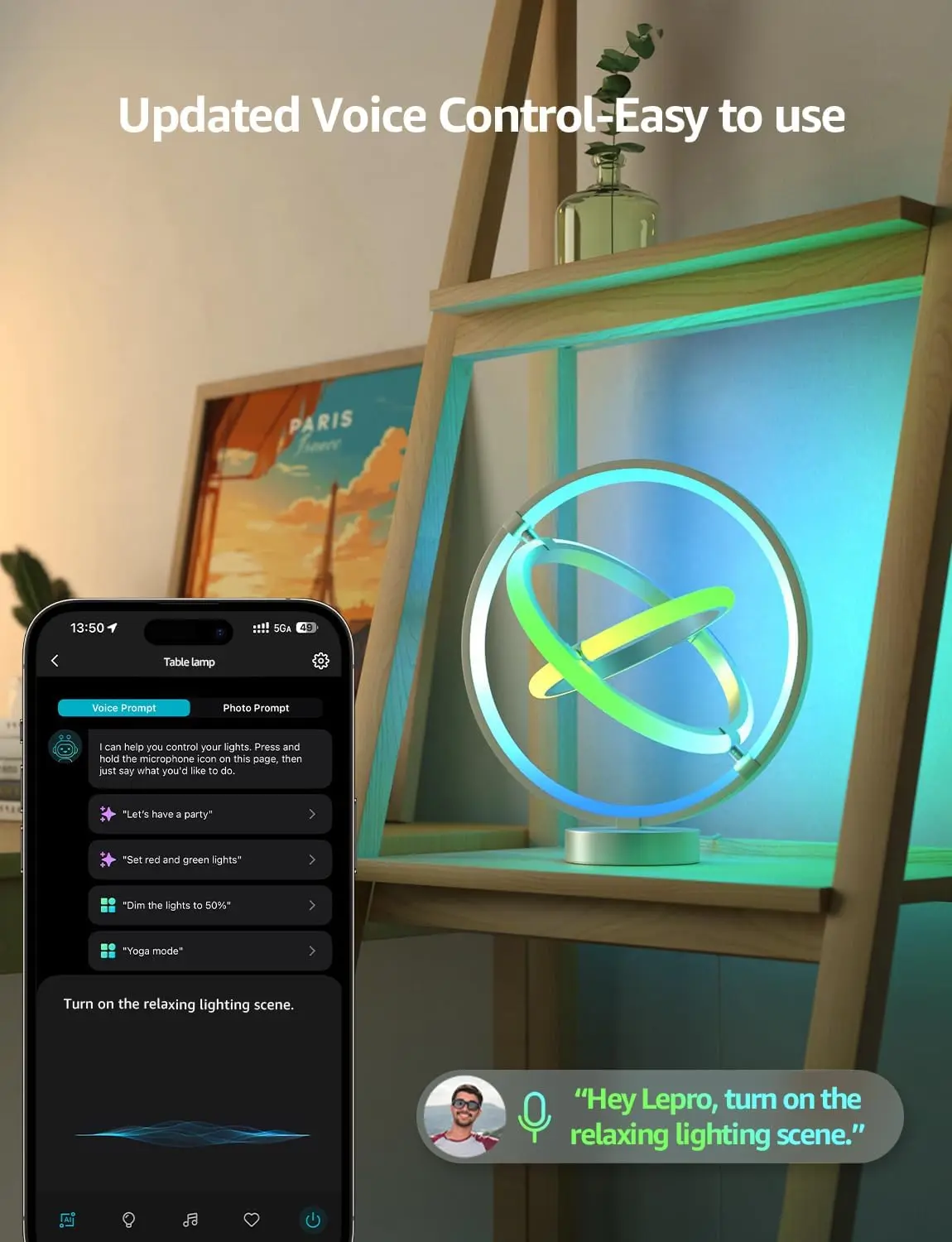 Smart RGB Desk Lamp with Music Sync, Voice Control via Alexa & Google Home, App-Controlled Color Changing Ambient Light