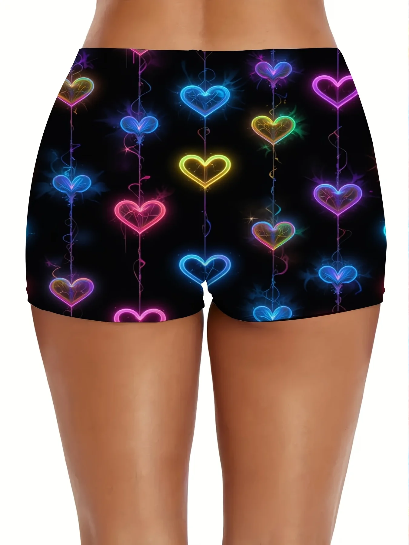 Valentine Plus Size Women Bodycon Shorts | Full Printed Black Neon Hearts Pattern for Party and Casual Wear, Slight Stretch