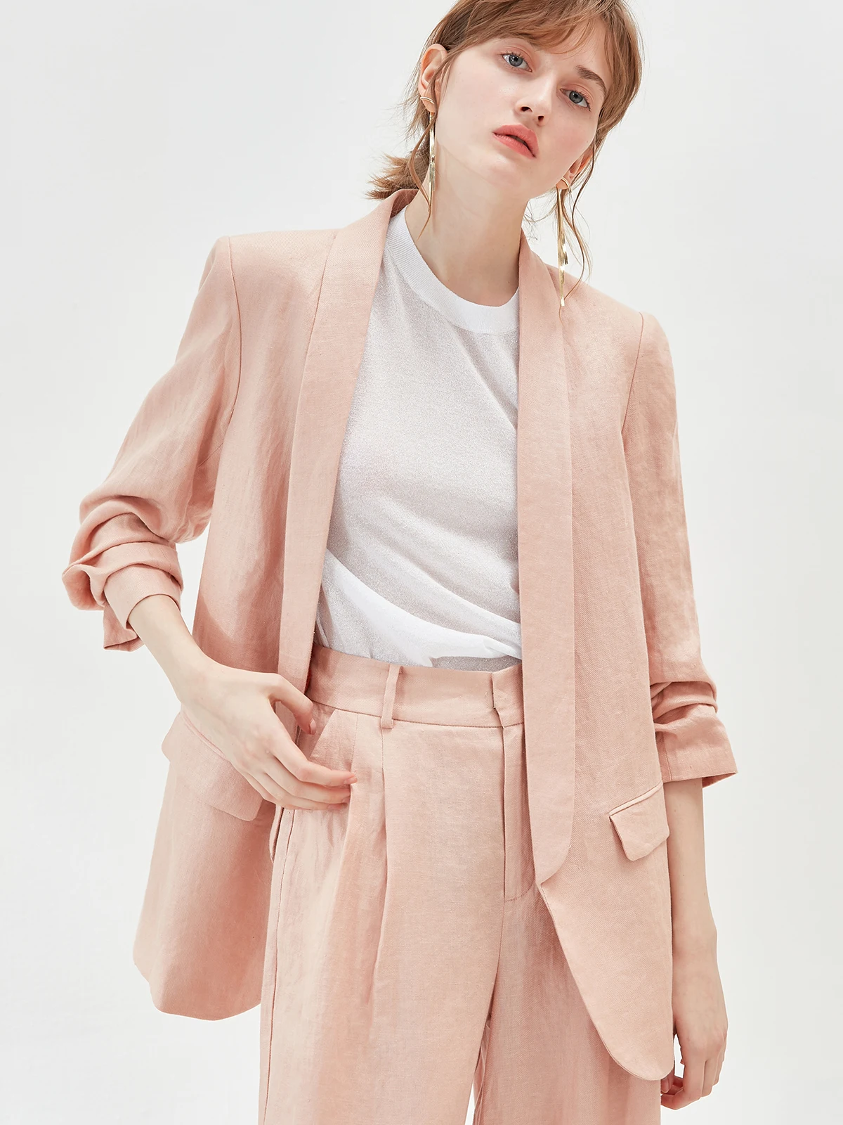 

Linen ort Suit Jaet Women Casual Seven Sve Commute Design Sense Dstring New Arrival Autumn 2023 Faion Trend