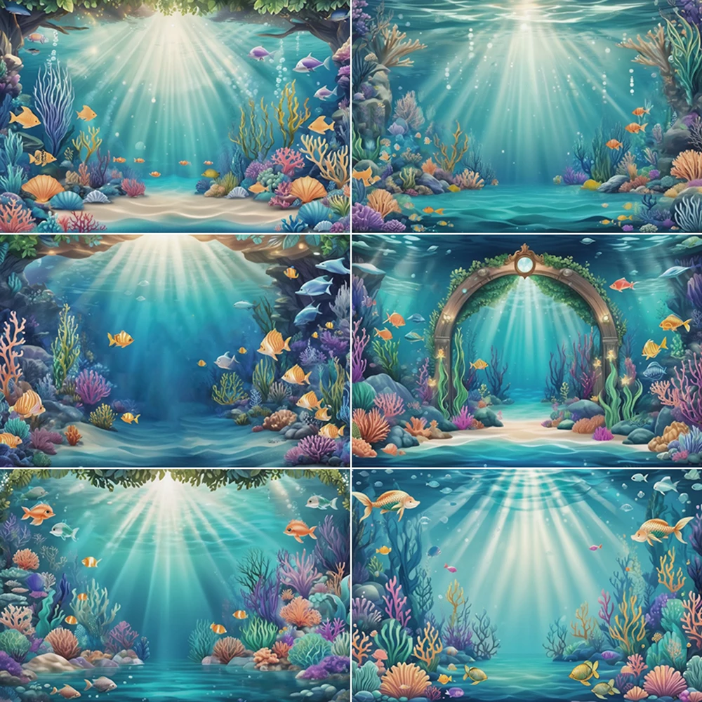 

MOON.QG Mermaid Birthday Backdrop for Photography Baby Seabed Underwater Photozone Background Children Studio Photocall Supplies